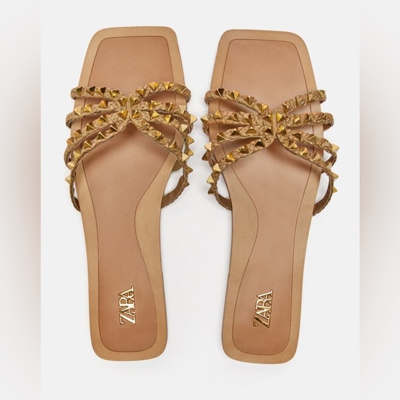 NWT. Zara Brown Strappy Flat Slider Sandals with Stud Details. Size 8. - Picture 4 of 7